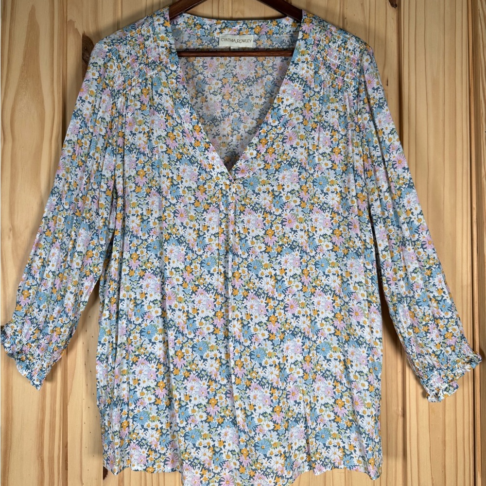 Cynthia Rowley Multicolor Daisy Floral 3/4 Sleeve Pullover Blouse Top Size XL